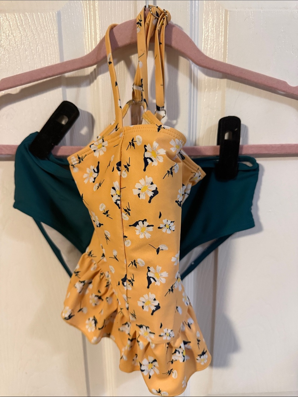 Yellow Floral Ruffle One-Piece Swimsuit with Teal Bikini Bottoms